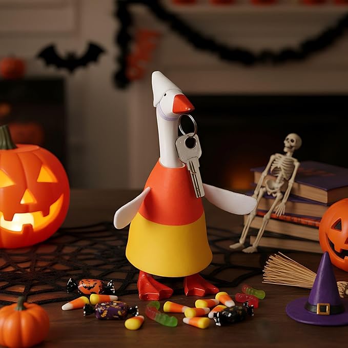Abbylike Thanksgiving Mini Desk Goose Outfits 7 Inch Magnetic Silly Goose Statue Candy Corn Costume with Witch Hat and Broom for Halloween Magnetic Duck Statue Desk Key Holder Decor(Corn)