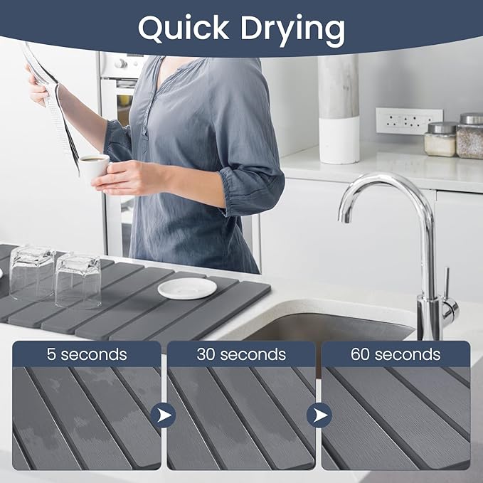 Meowoo Stone Drying Mat for Kitchen Counter, 15.7"x11.8" Foldable Diatomaceous Earth Mat, Super Absorbent, Quick-Dry Bath & Kitchen Pad for Dishes, Cups, Non-Slip, Fits Any Countertop - Dark Gray