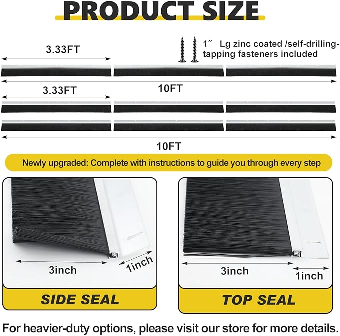 10×10ft Garage Brush Seal Kit for Roll-up Doors 3" Standard Brush with Aluminum Track Weatherproof Door Bottom Seal for Commercial, Warehouse, Barn Sliding, Hangar, and Corrugated Doors