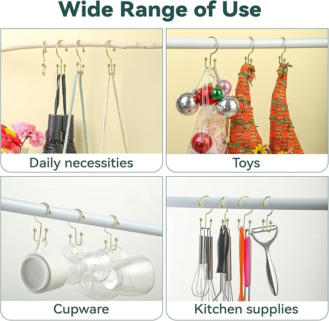 Goowin Shower Curtain Hooks, 12 Pcs Shower Curtain Rings, Durable Gold Shower Curtain Hooks, Double Glide Shower Curtain Rings Rust Proof, Simple Shower Hooks for Shower Curtain & Liner, Gold