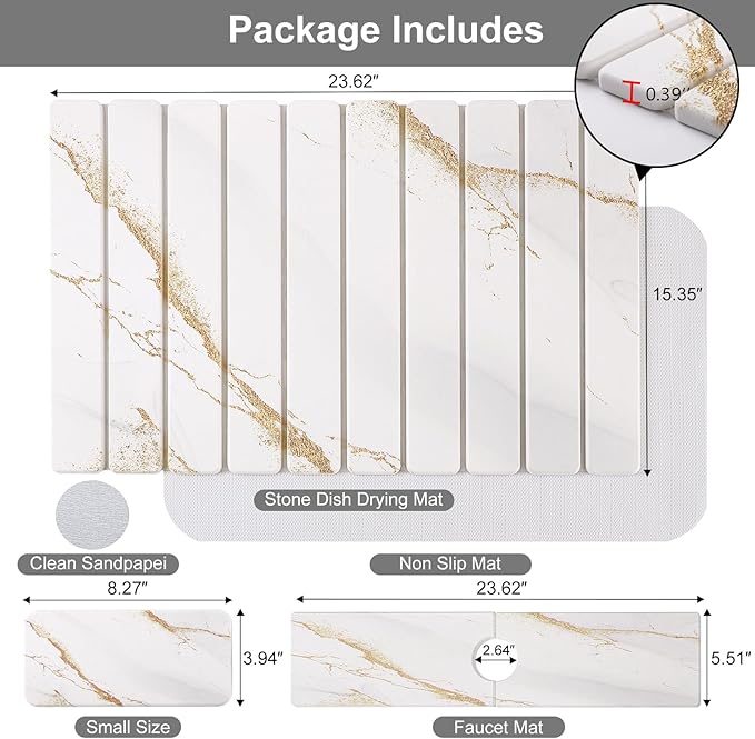 3 PCS Large Stone Dish Drying Mat for Kitchen Counter, Quick Dry Stone Dishes Mats, Sink Faucet Mat, Marble Water Absorbing Diatomaceous Earth Drying Pad for Countertop Tableware, Bottles