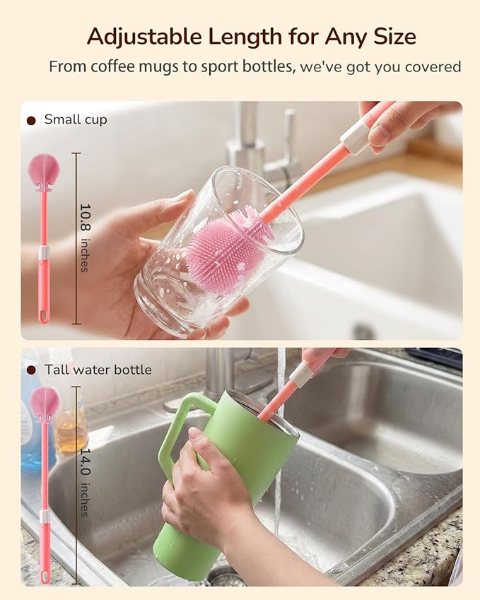 Extendable Bottle Brush with Straw Cleaner Brush, 10.8 to 14 Inches Adjustable Long Handle Water Bottle Scrubber for Cleaning Glasses, Cups, Coffee Mugs, tumblers with Replacement Head, Pink