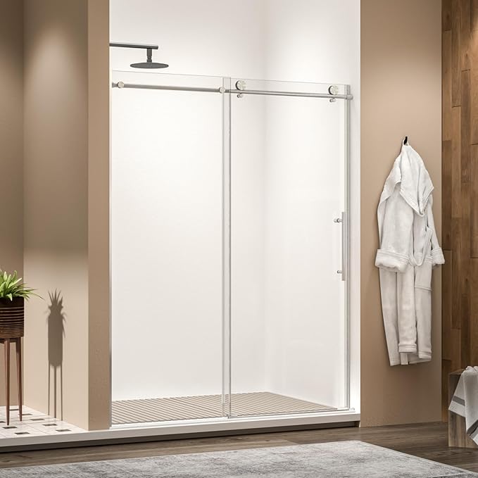 Frameless Sliding Shower Door 72” W x 76” H, 3/8” Tempered Glass, Single Bypass Shower Enclosure with Reversible Door, Quiet Rollers, Anti-Jump Safety System,Brushed Nickel Stainless Steel