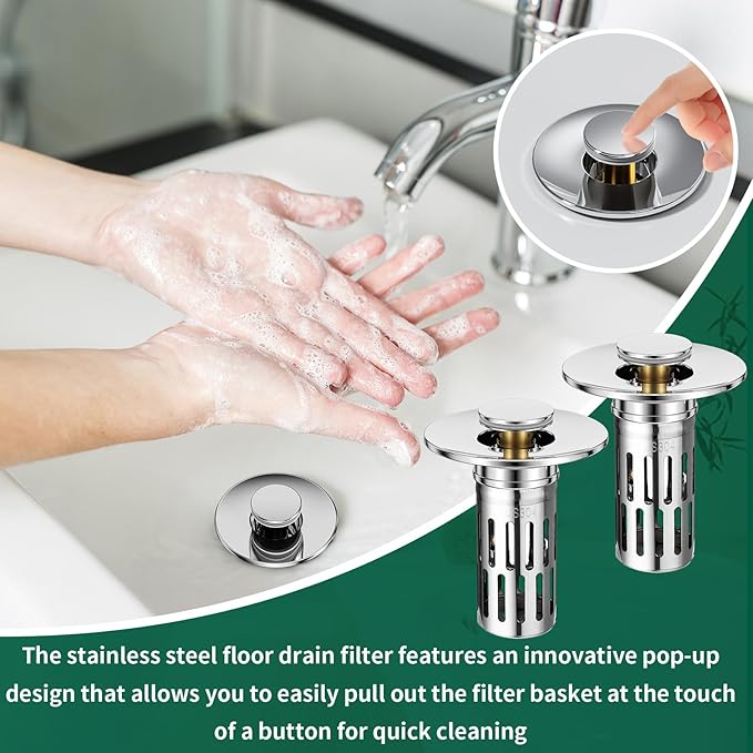 3 in 1 Sink Drain Strainer with Hair Catcher,Stainless Steel Popup Sink Stopper with Basket for Bathroom Kitchen Shower,Pop-up Bounce Core Floor Basin Drain Filter,Replacement Sink Plug 1PCS