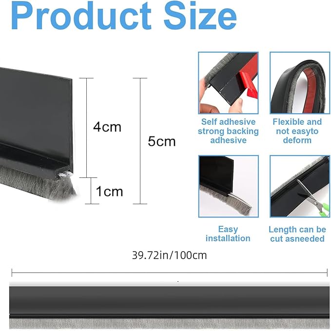39-inch Door Draft Stopper with Brush - Adhesive Weather Stripping Seal for Exterior/Interior Doors | Under Door Sweep Blocks Drafts, Noise & Dust | Fits 1/4"-1" Gaps (Black)