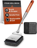 Grill Brush Bristle Free for Outdoor Grill, Grill Brush Bristle Free with 1 Replaceable Brush Heads, Steel Fibers Pad for Cast Iron/Stainless-Steel Grates, Grill Brush for Outdoor Gril