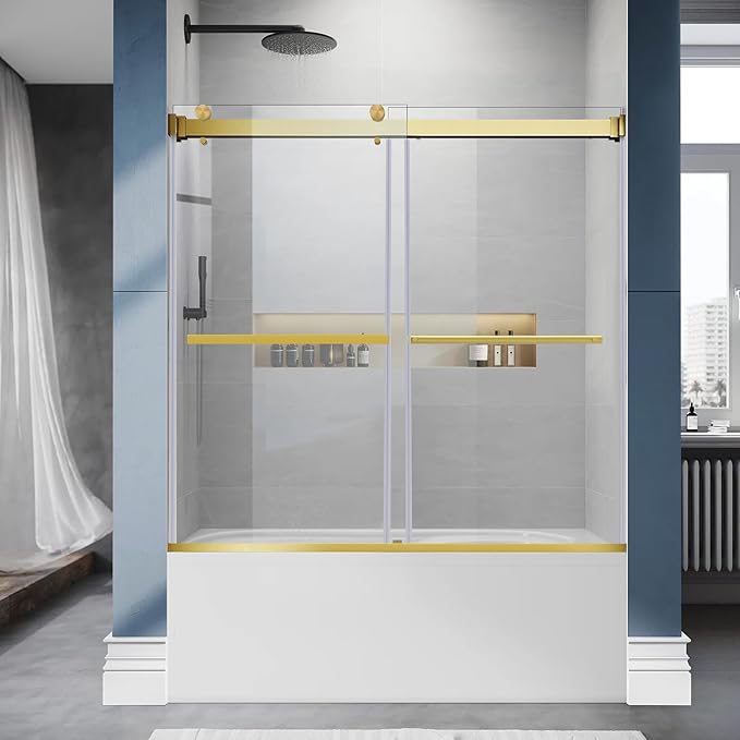 Bathtub Shower Door, 60" W x 58" H Semi-Frameless Sliding Shower Door for Bathtub, 5/16" (8mm) Certified Clear Tempered Glass, Brushed Gold