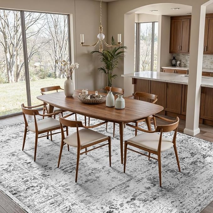 8x10 Large Area Rugs for Living Room, Vintage Grey Rugs for Bedroom,Washable Boho Indoor Soft Non Slip Carpet for Dining Room, Low Pile Rugs for Office,Farmhouse