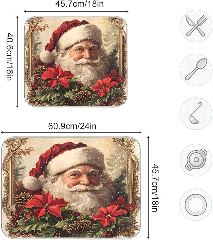 Christmas Santa Claus Poinsettia Dish Drying Mat for Kitchen Counter Absorbent Microfiber Drying Pad, Medium 16x18 in