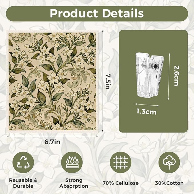 Needbrock 6 Pack William Morris Swedish Dishcloths for Kitchen,Swedish Rags Dish Towels with Clips, Reusable Paper Towels Washable Absorbent Cellulose Sponge Cloths No Odor for Cleaning Home Kitchen