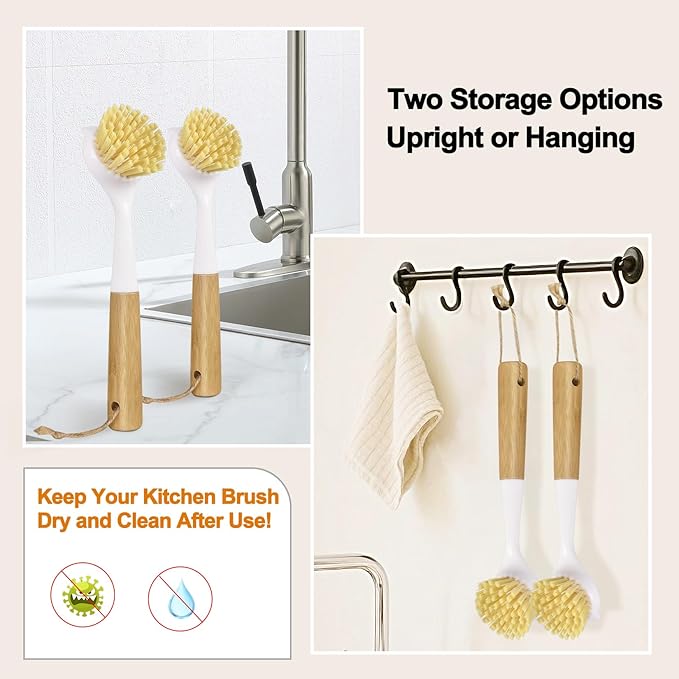 Dish Brush Set with Bamboo Handle, Kitchen Brushes for Cleaning Pot, Sink and Stove, Skillet Scrubber with Tough Bristles for Cast Iron Grill Pan, 2 Pack