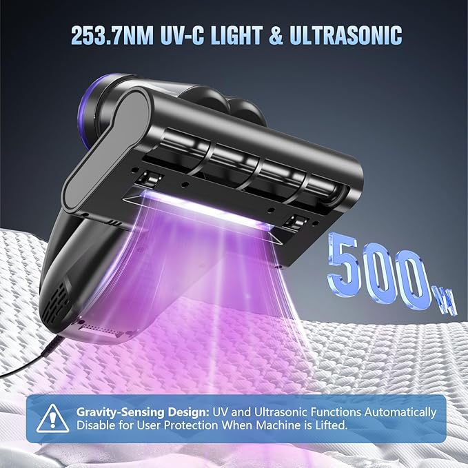 Bed Vacuum Cleaner Mattress Vacuum Cleaner,16Kpa Powerful Handheld Vacuums with UV-C Light & Double Dust Cup & High Heating & Ultrasonic & Anion for Bed Sofa(Black)
