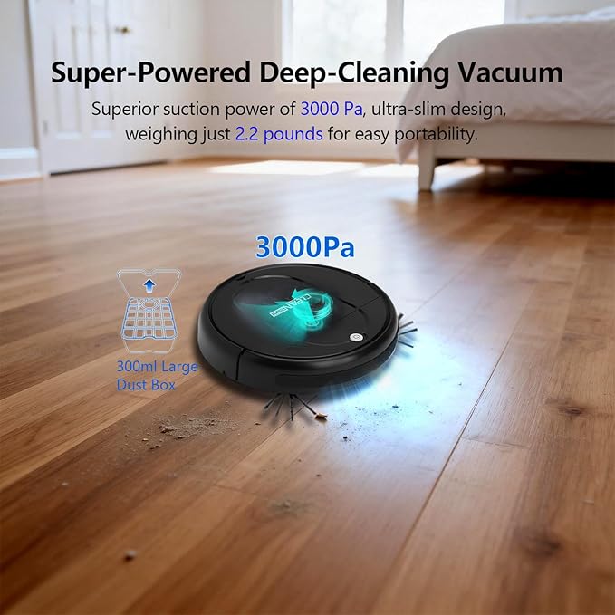 Robot Vacuum Cleaner, 3000Pa Powerful Suction, 2.56-inch Ultra-Slim Body, 120-Minute Long Battery Life, Quiet Operation, Smart Navigation, Suitable for Hard Floors/Low-Pile Carpets/Pet Hair-Black.