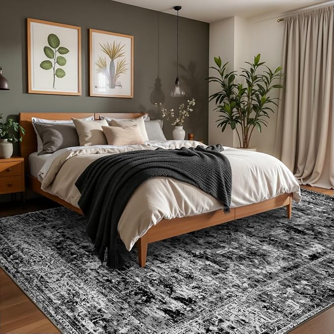Area Rugs 5x7, Washable Black Rugs for Living Room, Bedroom, Vintage Boho Indoor Soft Carpet for Dining Room, Low Pile Rugs for Office, Farmhouse