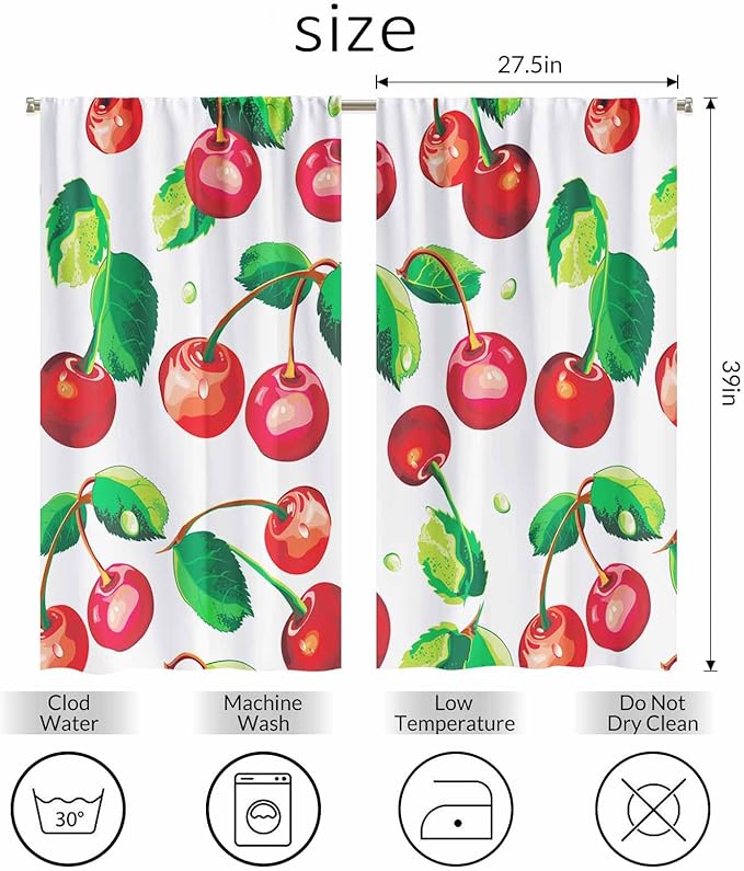 Red Cherry Kitchen Curtains Sweet Ripe Fruit Fresh Juicy Berry Short Tier Curtains for Bathroom Cafe Small Window Drapes Treatment 2 Panels (27.5x39 Inch)