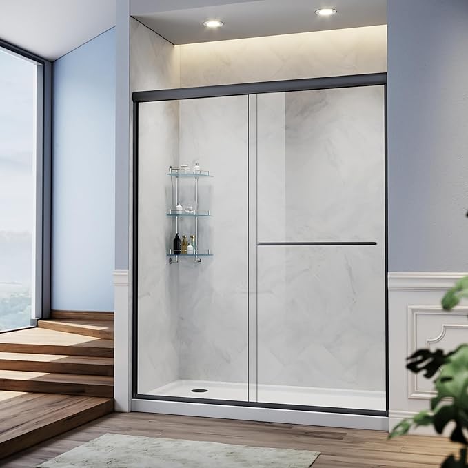 SUNNY SHOWER 58.5-60 in.W x 72 in.H Glass Shower Door, Semi Frameless Double Sliding Shower Door, 1/4" Clear Glass, Black Finish