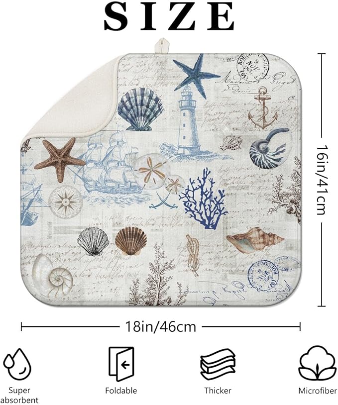 Ocean Dish Drying Mat for Kitchen Countert,Coastal Theme Farmhouse Style Microfiber Summer Drying Mat, Washable Absorbent Countertop Dish Draining Mat, 16×18 Inch