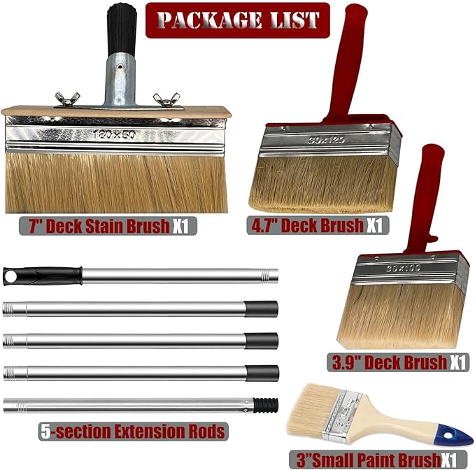 Deck Stain Brush with Long Handle 7 Inch Deck Stain Applicator with 59IN Extension Pole Paint Brushes for Wood 4" 5" Deck Brush for Walls Quick Decking Fence Furniture