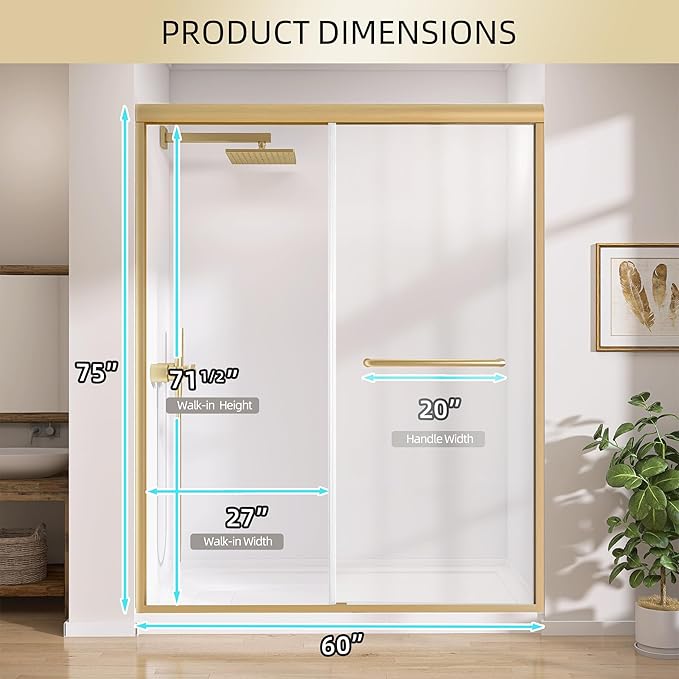GETPRO Shower Door 56-60 in. W x 75 in. H Semi-Frameless Double Sliding Glass Shower Doors Bypass Glass Door for Walk-in Shower with 5/16 inch Tempered Glass Brushed Gold Hardwares