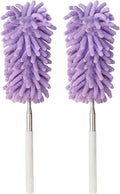 2Pcs Mini Duster for Cleaning, Microfiber Duster with Extendable Pole, Washable Small Duster, Cleaning Tools for Office, Car Interior, Window, Furniture, Computer (Purple)