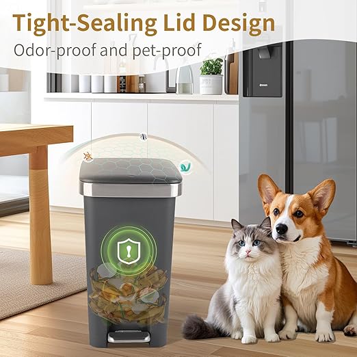 Small Bathroom Trash Can with Lid and 3 Rolls Trash Bags, Step Pedal Wastebasket Plastic Garbage Can with Pop-Up Lid 2.6 Gallon Bin for Kitchen, Bedroom, Office, Dorm, Laundry, Toilet, Rv,Dark Grey