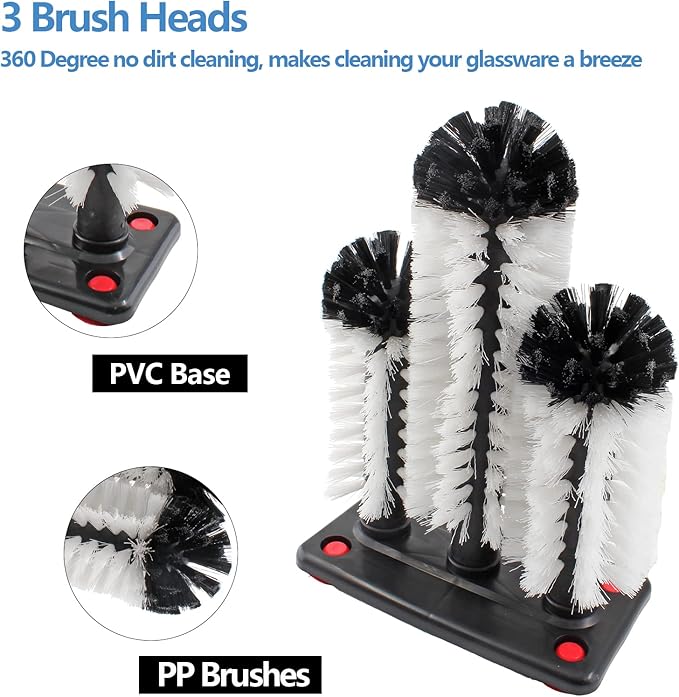 3 Brush Bar Glass Washer with Suction Base, Commercial Brush Cleaner Bristle Brush for Kitchen Bar Beer Cup, Long Leg Cup, Red Wine Glass