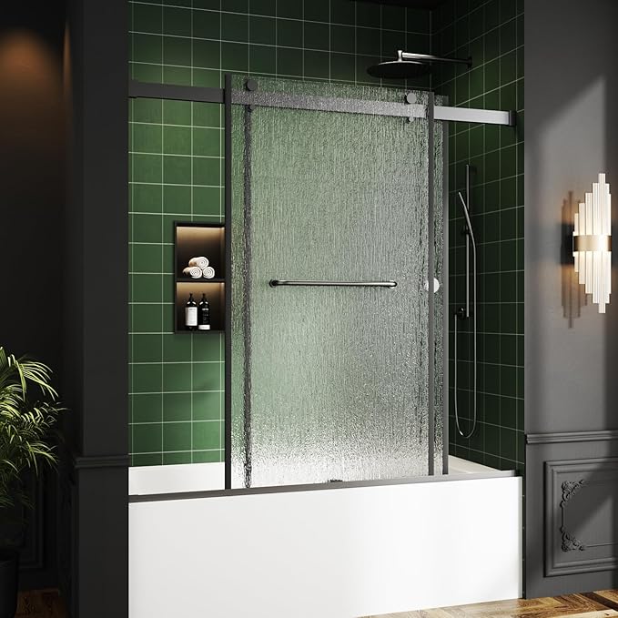 Bathtub Sliding Door 60" W x 56" H, Tub Shower Door, Frameless Bypass Double Sliding Door Tempered Rain Glass with Explosion-Proof Film Stainless Steel Black