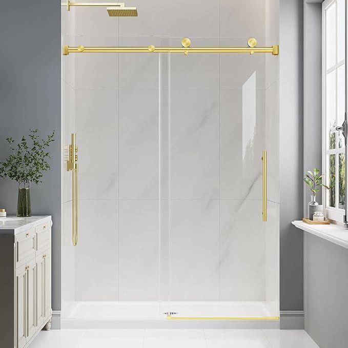 Frameless Glass Shower Door, 55-60" W x 76" H Sliding Frameless Shower Door, 1/4''(6mm) SGCC Tempered Glass, Explosion-Proof Film Nano Coating, Stainless Steel Hardware, Brushed Gold