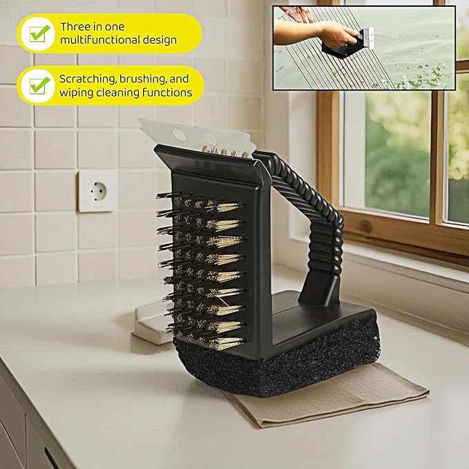 3-in-1 Heavy Duty Grill Brush with Copper Bristles, Stainless Scraper & Sponge - Angled Triangle BBQ Cleaner Tool, Non-Slip Grip for Grill Grate (Black)