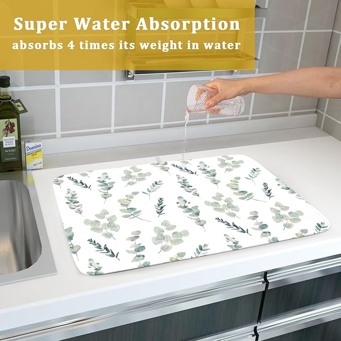 Eucalyptus Leaf Dish Drying Mat for Kitchen Counter Spring Summer Seasonal Microfiber Absorbent Dish Draining Reusable Washable Foldable Extra Large 18"x24"