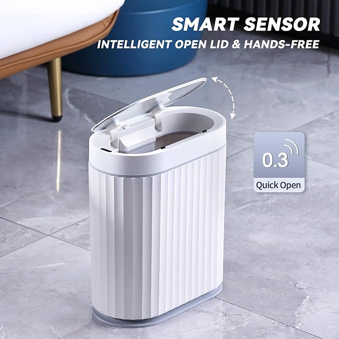 ELPHECO Bathroom Trash can Motion Sensor, Automatic Garbage can, Slim Plastic Smart Trash Bin with Lid, Commercial Intelligent Wastebaskets for Bedroom, Bathroom, Office, Grey, 2 Gallon