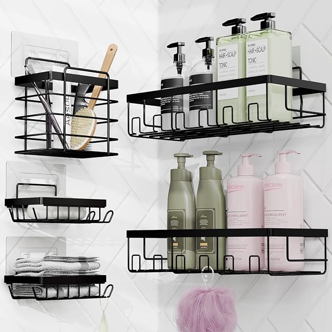 Clara Clark Bathroom Accessories Set - Bathroom Set with Adhesive Corner Shower Caddy Hanging, 25PC Bathroom Accessory Set, Hunter Green Shower Curtain Set, Toilet Brush, Trash Can & Soap Dispenser