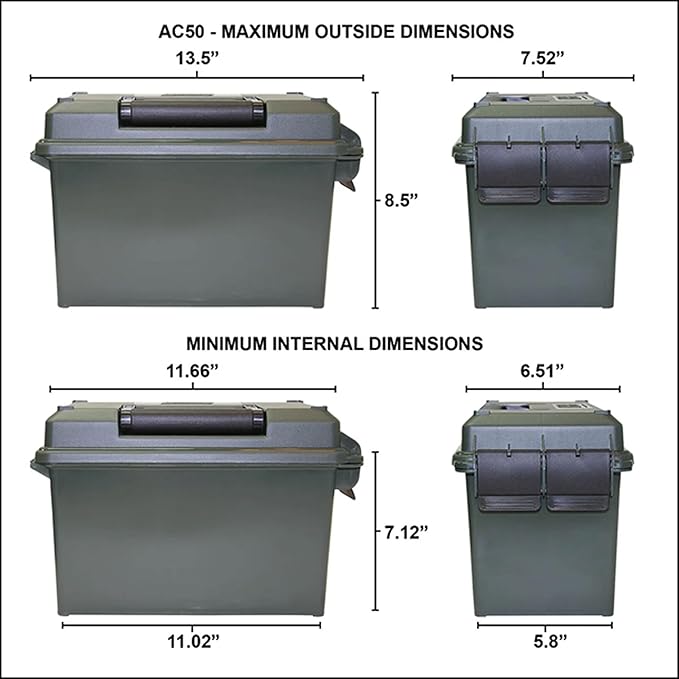 MTM AC50C Ammo Can, 50 Caliber, Field Boxes, Lockable Storage Box with Handle, Water and Dust Resistant, Secures Hunting Gear, Supplies, and Bullets, Stackable, USA Made