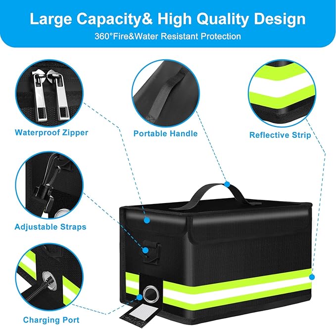 Lipo Fireproof Explosionproof Safe Bag-Large Capacity Storage Guard Pouch for Charging with Waterproof Zipper/Reflective Strip/Handle/Shoulder Strap-12 Cell Adjustable (12.6x6.7x6.7in)