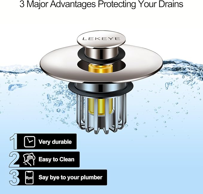 LEKEYE Bathroom Sink Stopper | Shower Drain Hair Catcher | Pop-up Sink Drain Stopper with Strainer | Bathroom Sink Plug for 1-1/8 to 1-1/2" Sink Drain Hole- Brushed Nickel