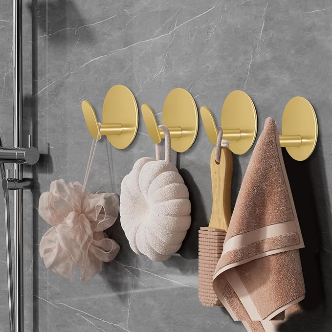 Adhesive Hooks for Bathrooms, 4 Piece Towel Hooks for Hanging Hat Robe Coat, Stick on Hooks for Kitchens, Strong Self-Adhesive No Damage Waterproof Stainless Steel Sticky Hook (Gold)