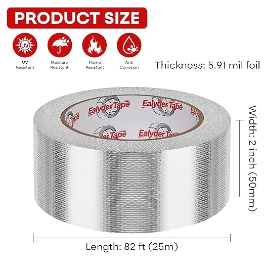 2in x 82ft Adhesive Aluminum Foil Heat Shield Tape, Fiberglass Thermal Insulation Reflective Material for Pipe, Duct, Exhaust, HVAC and High Temp Protection, 5.91MIL