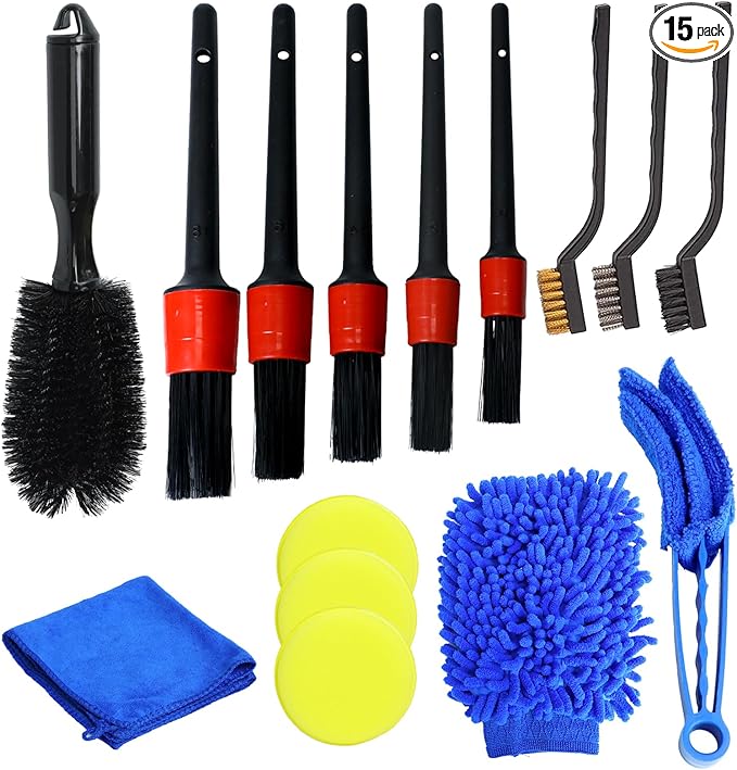 15 Pcs Car Cleaning Kit, Car Detailing Wash Brush Set, Auto Interior External Wash Cleaning Set for Car Motorcycle Bike Wheels, Engine, Emblems, Air Vents, Dashboard, Leather