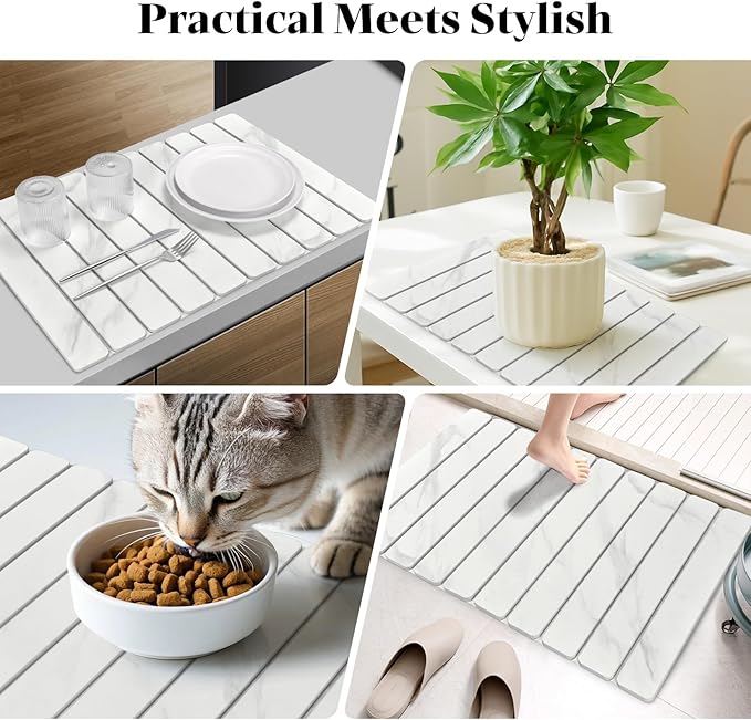 Large Stone Dish Drying Mats for Kitchen Counter, 24"(L)×16"(W) Marble-Pattern Dish Drying Mat, Eco-Friendly Absorbent Diatomaceous Earth Mats for Dishes Bottles, Match Any Countertop