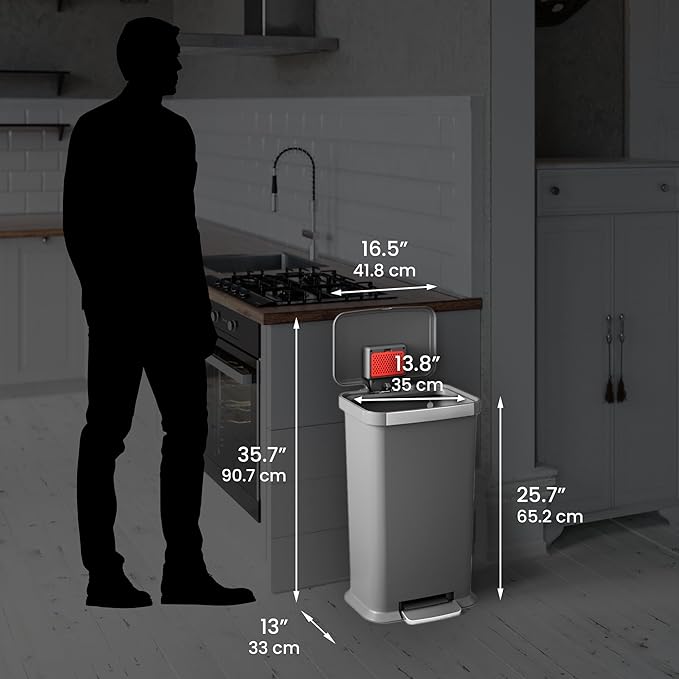 iTouchless SoftStep 13.2 Gal / 50L Step Pedal Kitchen Trash Can with Odor Filter, Durable Dent-Proof Construction and Stainless Steel Trim, Garbage Bin with Lid for Home Office, Bedroom, Gray Plastic