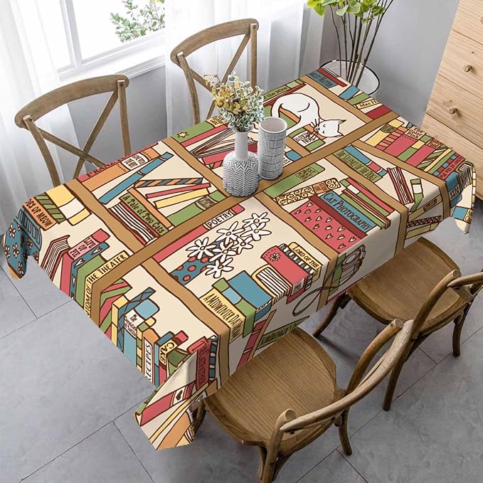 Books on Bookshelf Rectangular Tablecloth Cute Sleeping Cat Kitten in Library Brown 52x70 Table Cloth for Wedding Party Banquet,Dining Kitchen Table Cover