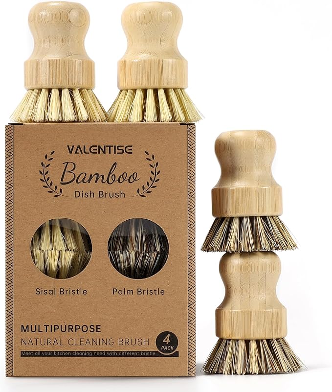 4 Pack Bamboo Dish Brush Set, Natural Palm Dish Scrubber for Pots and Vegetables, Sisal Bristle Bamboo Scrub Brush for Cleaning Dishes and Pans