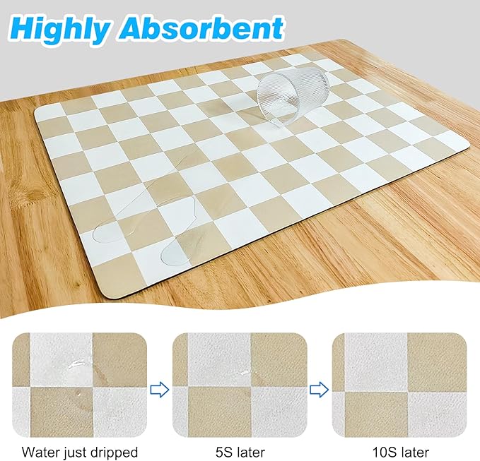 Checkered Dish Drying Mat for Kitchen Counter, Absorbent Non-Slip Coffee Mat, Heat Resistant Mat for Countertops Coffee Bar Decor 17" x 32" Khaki