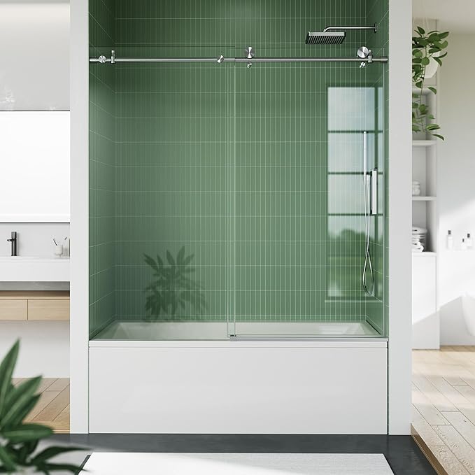 Bathtub Shower Door, 59" Wide x 60" High Sliding Door with 8mm Tempered Glass & Easy-Clean Coating, Brushed Stainless Steel Top Rail, One Fixed One Sliding Panel