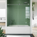 Bathtub Shower Door, 59" Wide x 60" High Sliding Door with 8mm Tempered Glass & Easy-Clean Coating, Brushed Stainless Steel Top Rail, One Fixed One Sliding Panel
