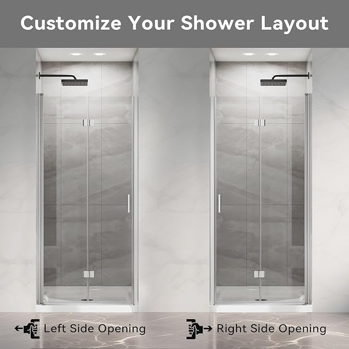 Frameless Bi-Fold Shower Door 34" W x 72" H, 1/4" Clear Tempered Glass, Folding Swing Design, Reversible Installation, Chrome Finish, Space-Saving Glass Shower Door for Small Bathrooms