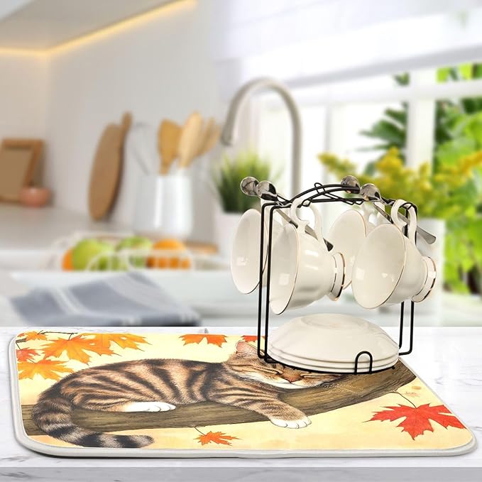 Fall Cats Dish Drying Mat for Kitchen Countertop 16x18 Autumn Maple Leaves Kitty Thanksgiving Day Small Drying Mat Reusable Quick Dry Dish Sink Mats Easy Clean Decorative Essentials