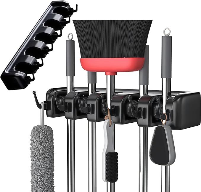 Wall Mount Broom and Mop Holder, Heavy Duty Long Handle Garden Tool Organizer with Hooks & Slots, Garage Storage Wall Hanger for Shovel, Rake, Kitchen, Laundry & Shed