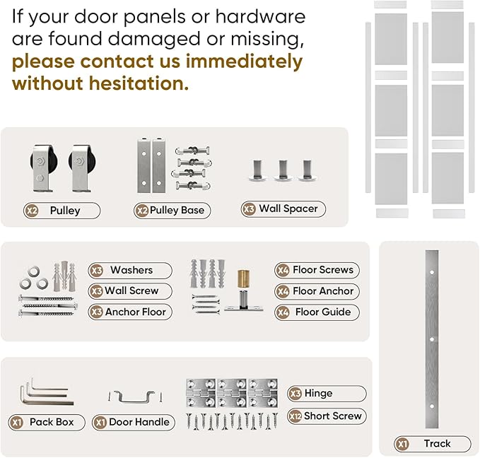 Bifold Closet Doors, 84" x 84", 3 Lites Frosted Glass Bifold Door with Brushed Nickel Sliding Hardware Kit Set, Pre-drilled Bi fold Barn Door Slab, 2X 3.83FT Track for 4 Doors