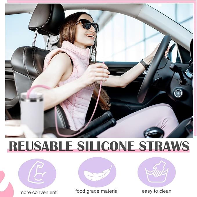 Baderke 2 Set Extra Long 35" Reusable Silicone Straws Compatible with Stanley 40 oz Tumbler Large Water Wine Bottle Flexible Drinking Straws & Cleaning Brushes Tumbler Accessories (Pink,Purple)